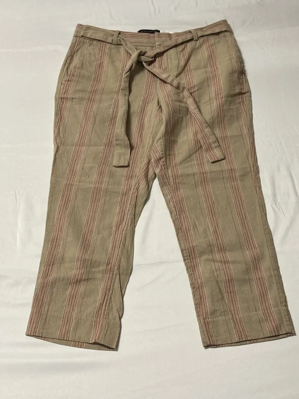 Banana Republic Avery Petite 6P Linen Blend Cropped Pants Tan Red Stripe Belt